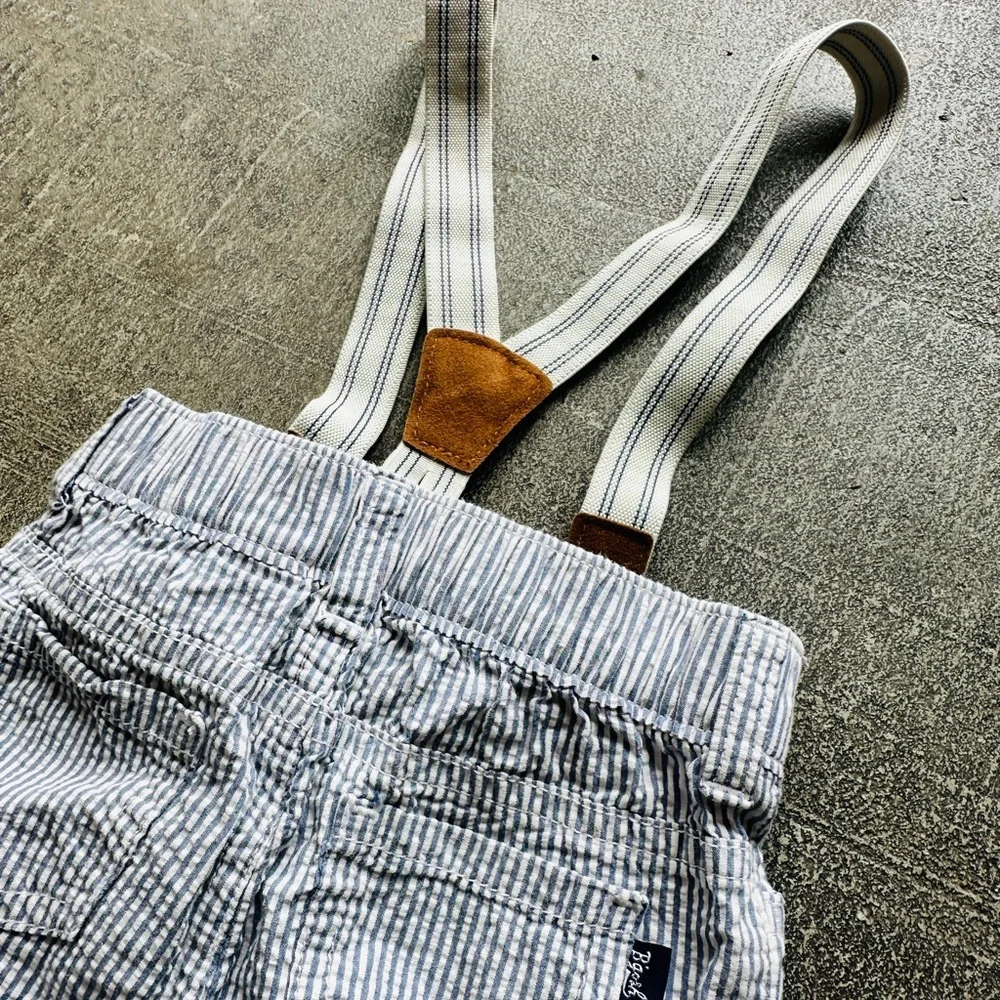 Blue & White Pinstripe Kids Overalls with Brown Faux-Leather Suspenders - Picture 3 of 5
